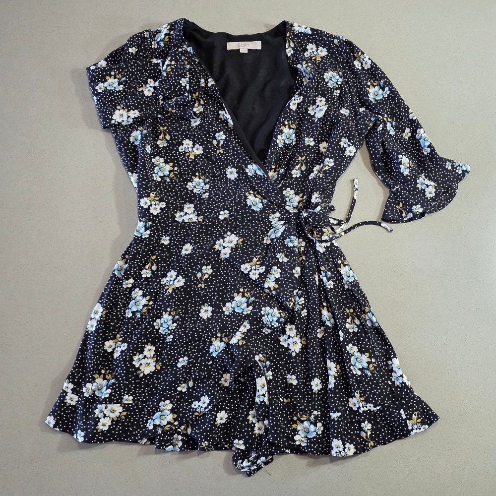 LOFT Black Floral Polka Dot Wrap Romper Ruffle Sleeve Size 6